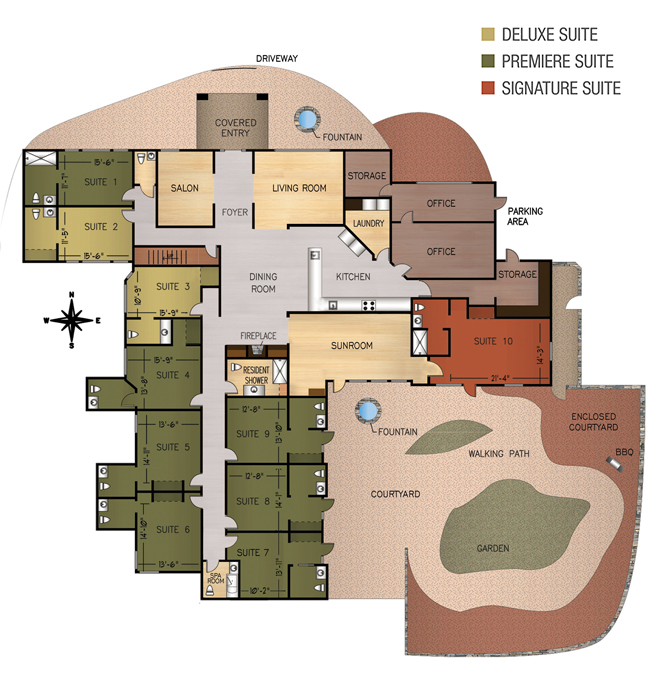 The floorplan for the Mediterranean Tucson Assisted Living Home